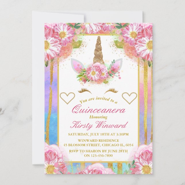 Unicorn Face Pink Gold Quinceañera Einladung (Vorderseite)