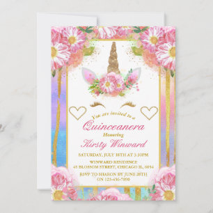 Unicorn Face Pink Gold Quinceañera Einladung