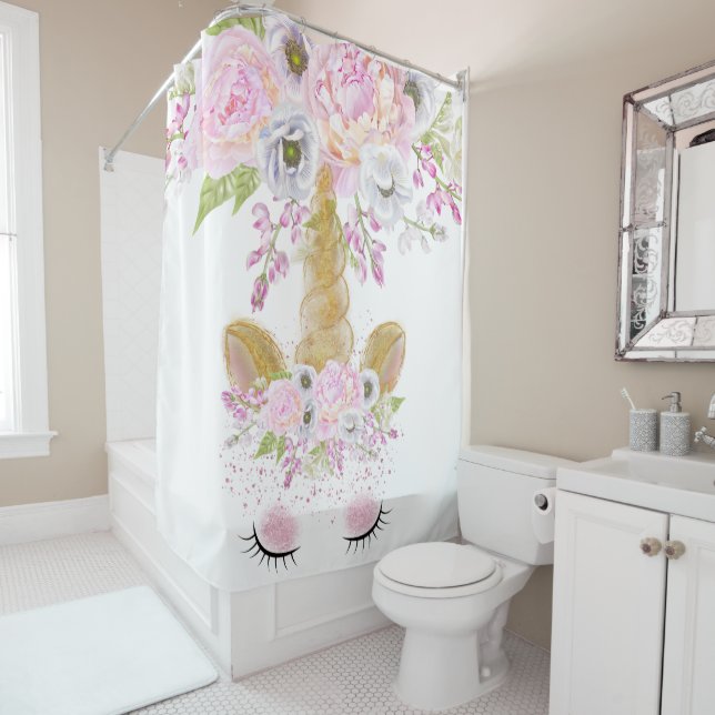Unicorn Face Pink Peony Floral Whimsical Artwork™ Duschvorhang (Beispiel)
