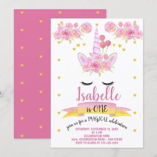 Unicorn Face Pink Watercolor Florals Geburtstag Einladung