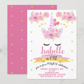 Unicorn Face Pink Watercolor Florals Geburtstag Einladung