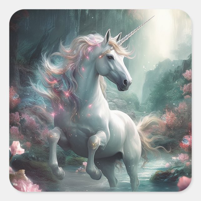 Unicorn Fantasy Art Quadratischer Aufkleber (Vorderseite)