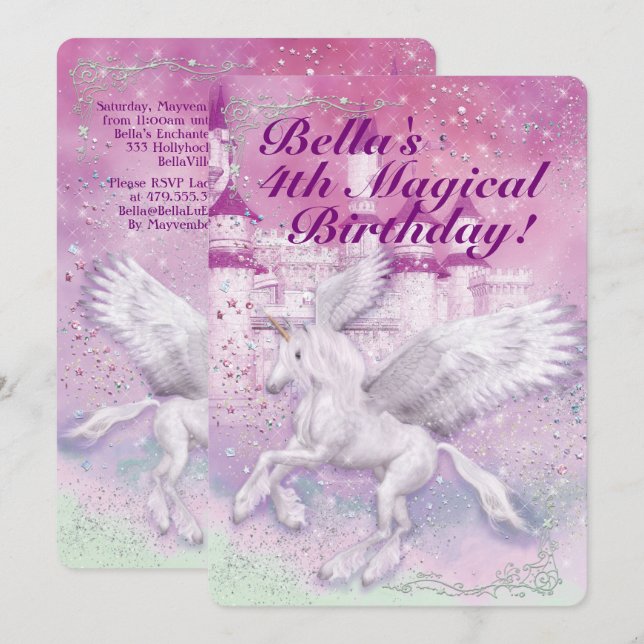 Unicorn Fantasy Burg Einladung (Vorne/Hinten)