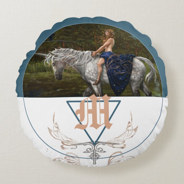 Unicorn Fantasy Illustrations Monogramm Rundes Kissen (Vorderseite)