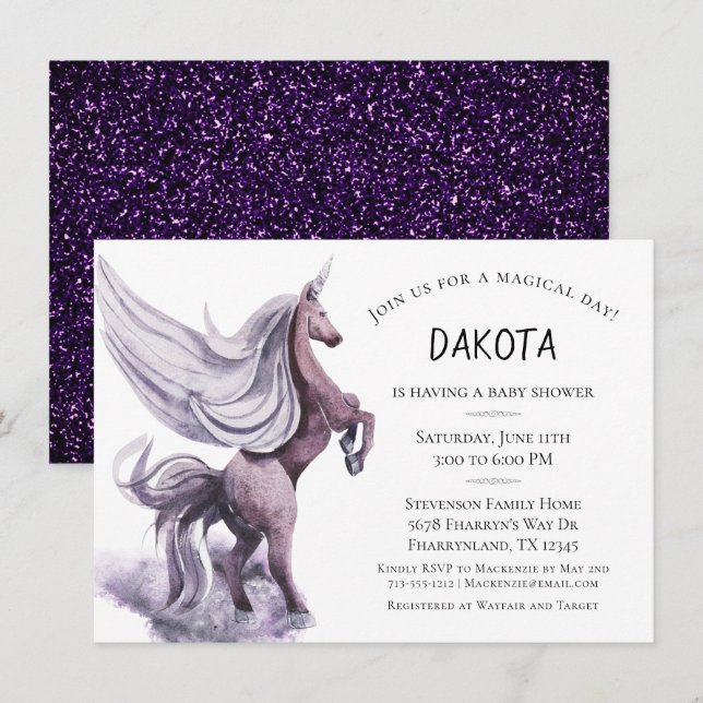 Unicorn Fantasy | Magische Lila Wasserfarbendusche Einladung (Vorne/Hinten)