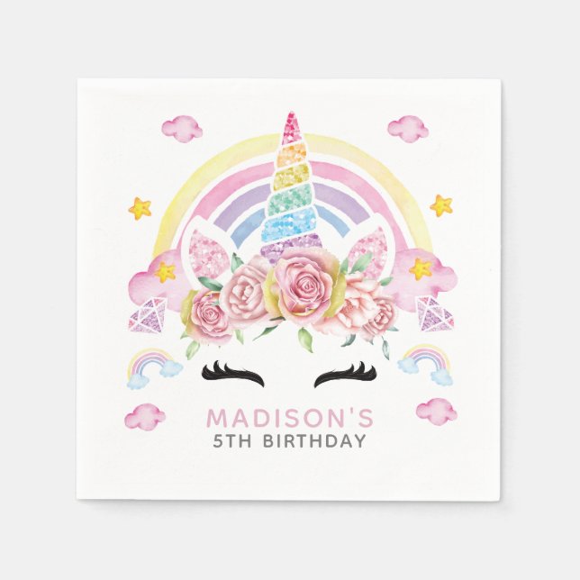 Unicorn farbiger Geburtstag Serviette (Vorderseite)