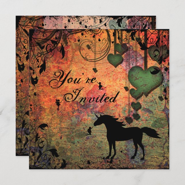 Unicorn, fées et forêt de coeur Invitation d'anniv (Devant / Derrière)