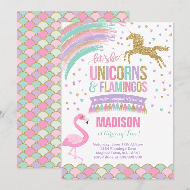 Unicorn & Flamingo Geburtstag Einladung Magic Part (Vorne/Hinten)