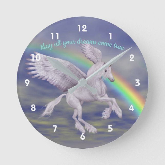 Unicorn fliegen über Regenbogen Träume Fantasiepfe Runde Wanduhr (Vorderseite)