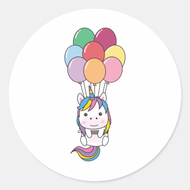 Unicorn fliegt mit farbenfrohen Balloons auf Runder Aufkleber (Vorderseite)