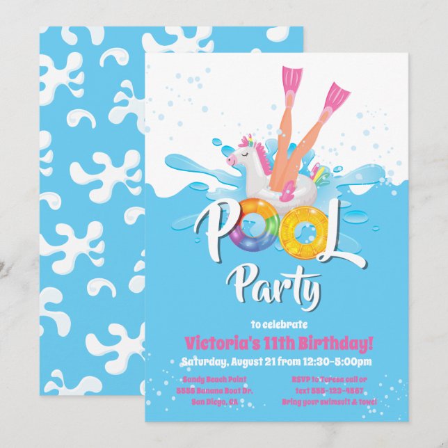 Unicorn Flippers Pool Party Einladung (Vorne/Hinten)