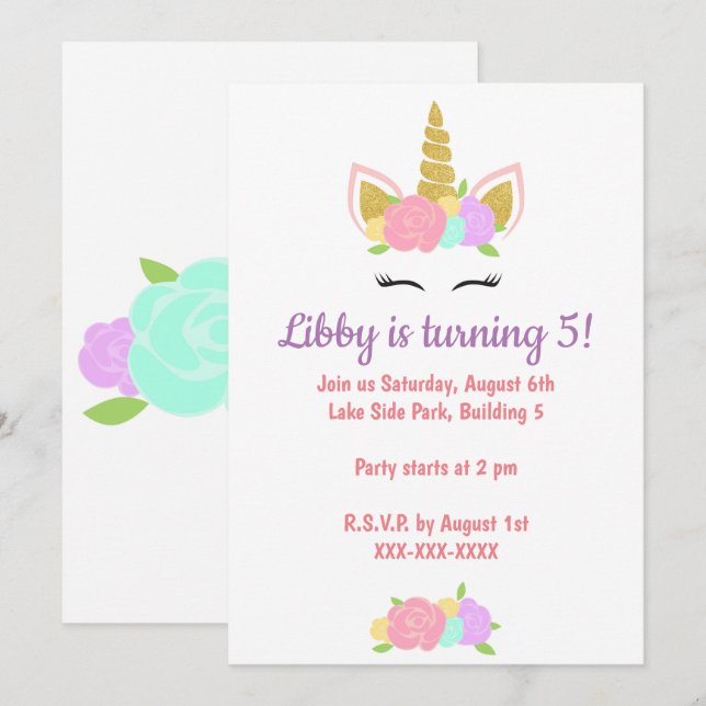 Unicorn Floral Birthday Party Invitation  Einladung (Vorne/Hinten)