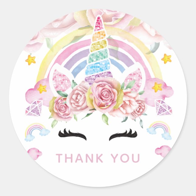 Unicorn Floral Birthday Vielen Dank Runder Aufkleber (Vorderseite)