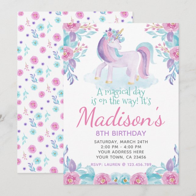 Unicorn Floral Invitation d'anniversaire (Devant / Derrière)