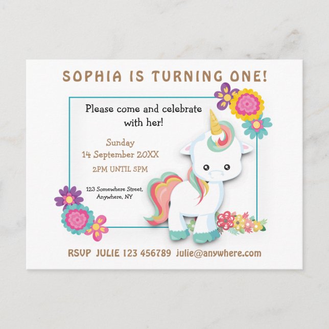 Unicorn Floral Premier Anniversaire Invitation Bla (Devant)