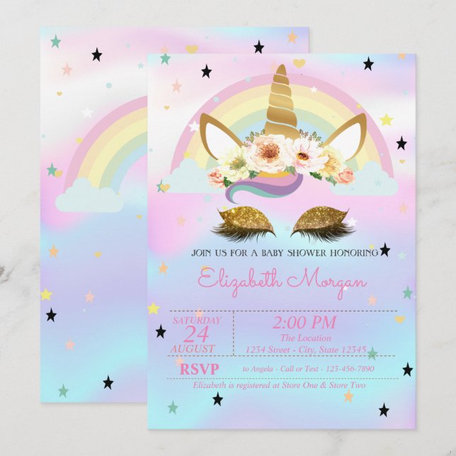 Unicorn Floral Rainbow Holographic Baby Shower Einladung (Vorne/Hinten)