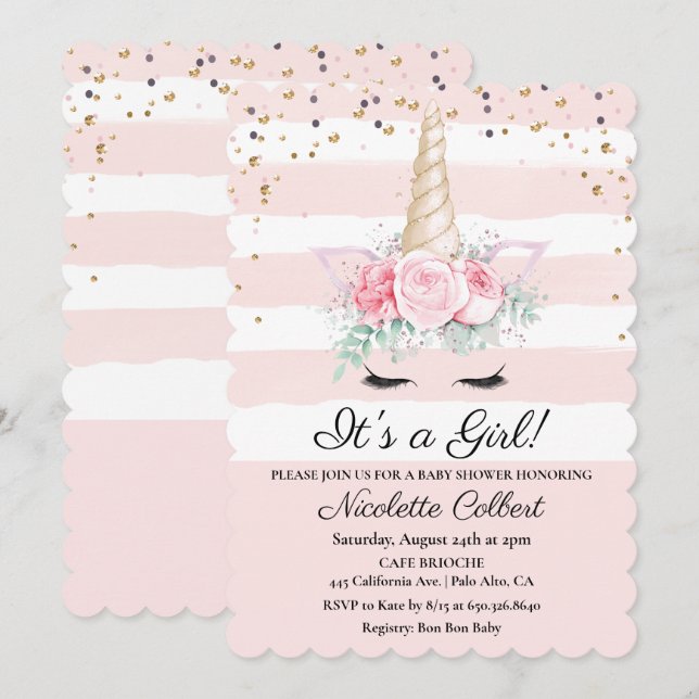 Unicorn Floral Watercolor Kinderdusche Einladung (Vorne/Hinten)