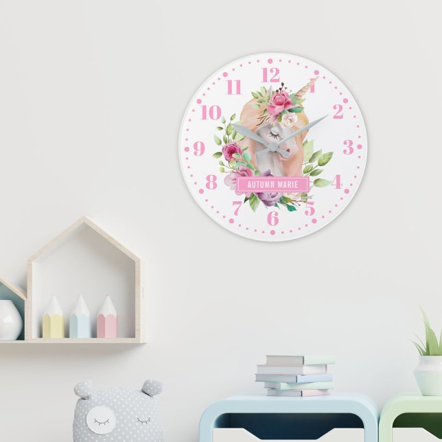 Unicorn florale Kids Wall Clock Große Wanduhr (Von Creator hochgeladen)