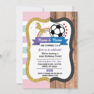 Unicorn & Football Joint Birthday Girl Boy Sports Einladung
