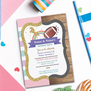 Unicorn & Football Joint Boy Girl Birthday Rugby Einladung