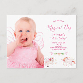 Unicorn Foto 1. Geburtstag Party Mädchen Einladung Postkarte