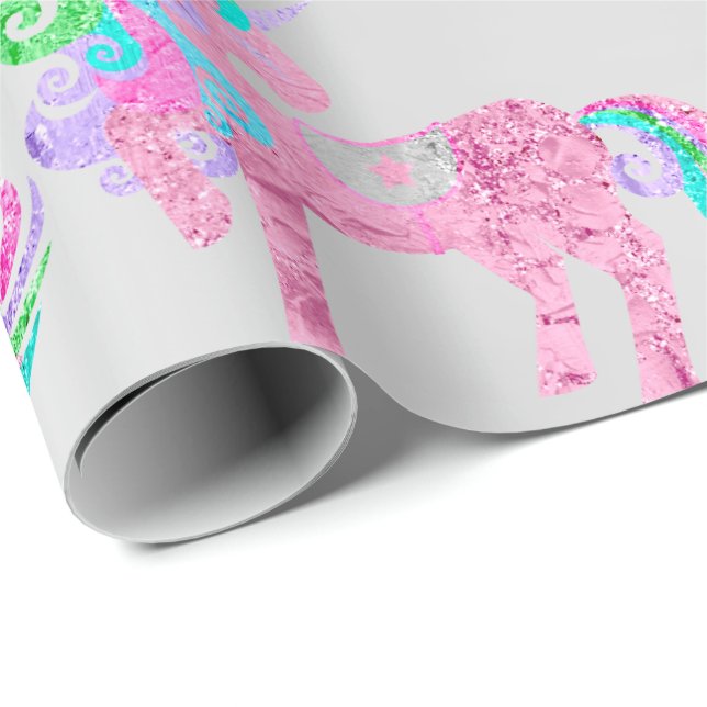 Unicorn Funkelnd Glitzer Rosa Fairly Silver Metal Geschenkpapier (Rolleneckpunkt)