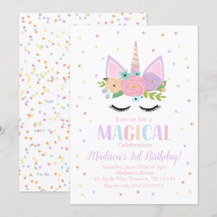 Unicorn-Geburtstags-Party-Polka-Punkt-Blumen Einladung