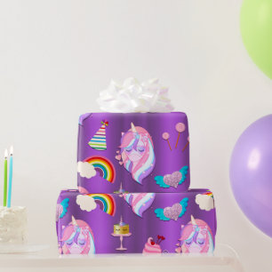 Unicorn Geburtstagsparty auf Lila Geschenkpapier