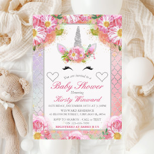 Unicorn Gesicht Pink Silver Baby Dusche Einladung