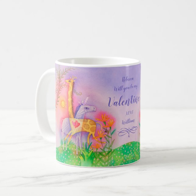 Unicorn-Giraffen-Safari-LiebeValentines Kaffeetasse (Vorderseite Links)