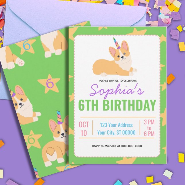 Unicorn Girl Birthday, Corgi Party Einladung (Von Creator hochgeladen)