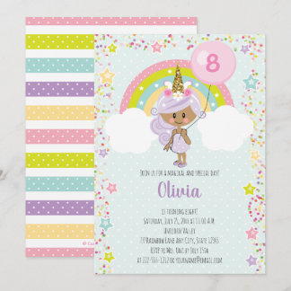 Unicorn Girl Birthday laden jede alte dunkle Haut Einladung
