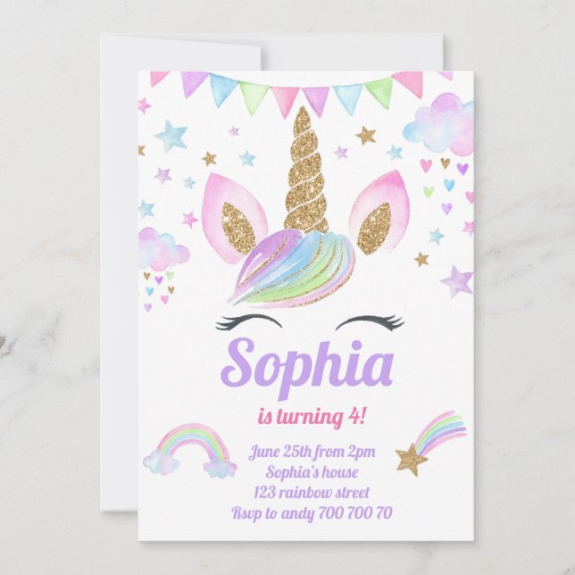 Unicorn Girl Magical Pastel Rainbow Pink Geburtsta Einladung (Vorderseite)