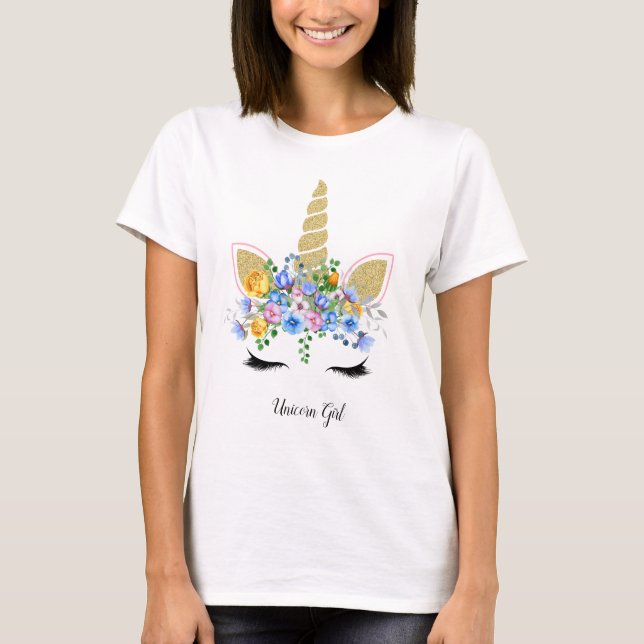 Unicorn Girl Niedlich Gold Glitzer Blauer Blumenst T-Shirt (Vorderseite)