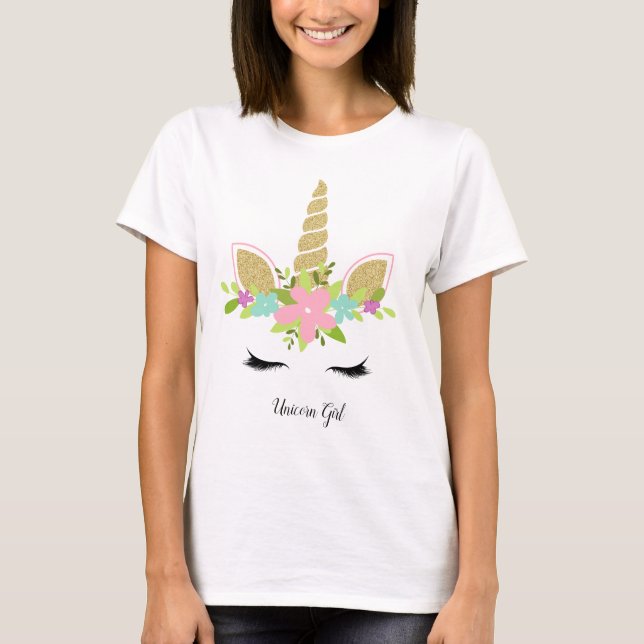Unicorn Girl Niedlich Gold Glitzer Blumengestell T-Shirt (Vorderseite)