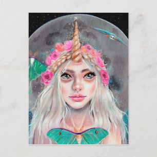 Unicorn Girl und ihre Luna Moths, Original Art Postkarte