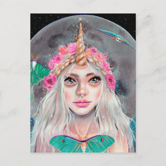 Unicorn Girl und ihre Luna Moths, Original Art Postkarte