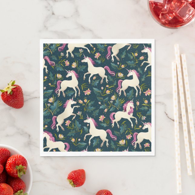 Unicorn Girls Cartoon Blumenhintergrundmuster Serviette (Beispiel)