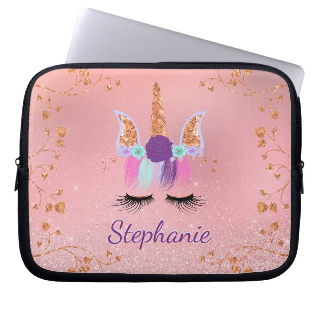 Unicorn Girly Blush Pink Glitzer Monogram Laptopschutzhülle (Vorderseite)