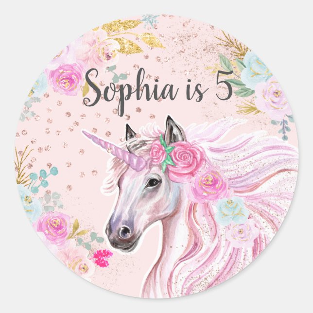 Unicorn Girly Pink Floral Gold Glitzer Name Age Runder Aufkleber (Vorderseite)