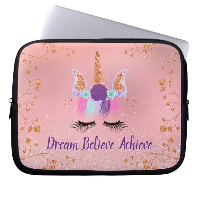 Unicorn Girly Pink Traum glauben erreichen Laptopschutzhülle (Vorderseite)
