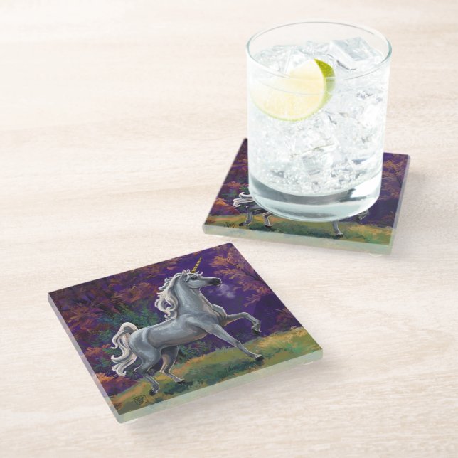 Unicorn Glade Art Glasuntersetzer (Schrägansicht)