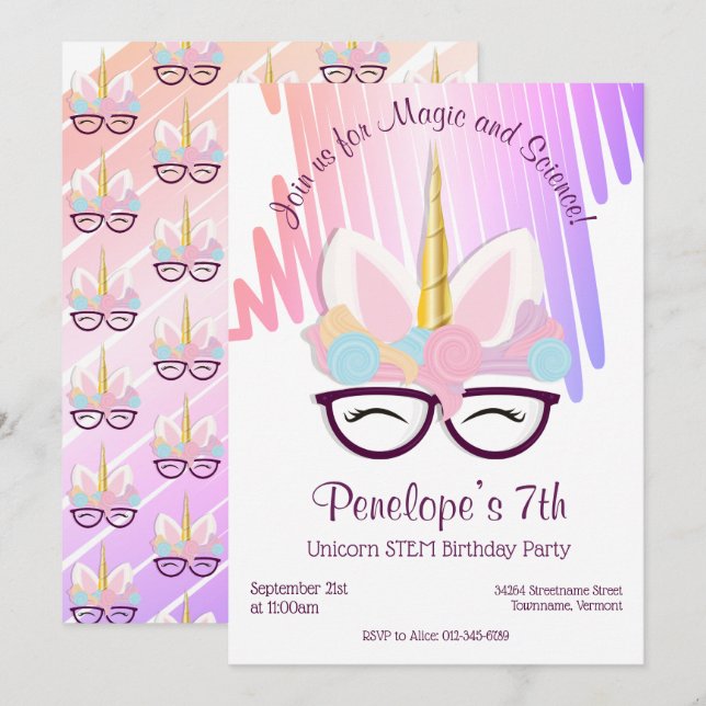 Unicorn Glasses Magical STEM Einladung zum Geburts (Vorne/Hinten)