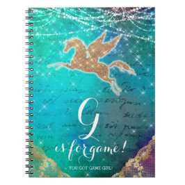 Unicorn-Glitzer-Gold beleuchtet blauen Buchstaben Notizblock
