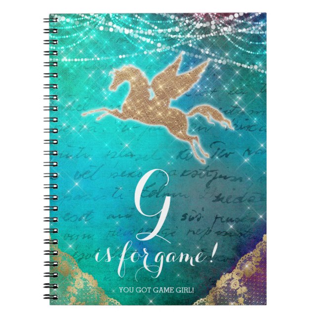 Unicorn-Glitzer-Gold beleuchtet blauen Buchstaben Notizblock (Vorderseite)