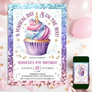 Unicorn Glitzer Regenbogen Cupcake | 4. Geburtstag Einladung