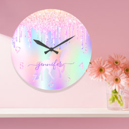 Unicorn Glitzer Rosa lila Name Mädchen Große Wanduhr