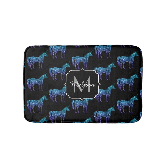 Unicorn Glitzern Aqua-blaues Omermuster Monogram Badematte (Vorderseite)