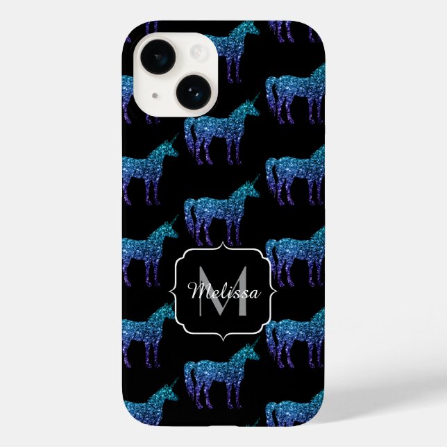 Unicorn Glitzern Aqua-blaues Omermuster Monogram Case-Mate iPhone 14 Hülle (Rückseite)
