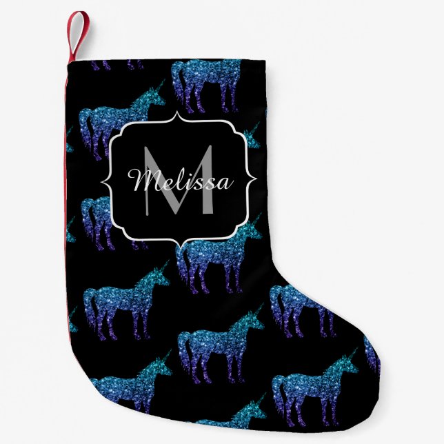 Unicorn Glitzern Aqua-blaues Omermuster Monogram Kleiner Weihnachtsstrumpf (Vorderseite)